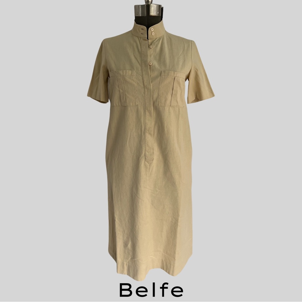 VINTAGE BELFIE SPORT LINEN TAN SAFARI SHORT SLEEVE SHIRT DRESS - SIZE SMALL